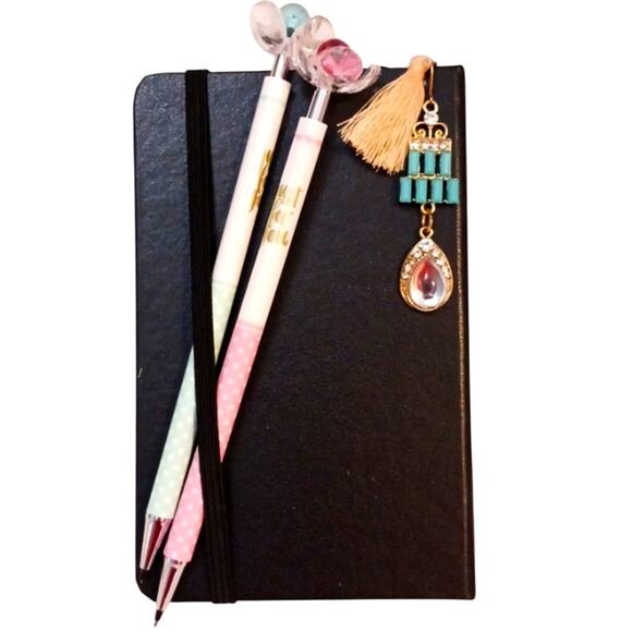 Journal GIFT SET Black Hardcover Notebook Fancy Bookmark insert Pencil Duo NEW! - Picture 10 of 14